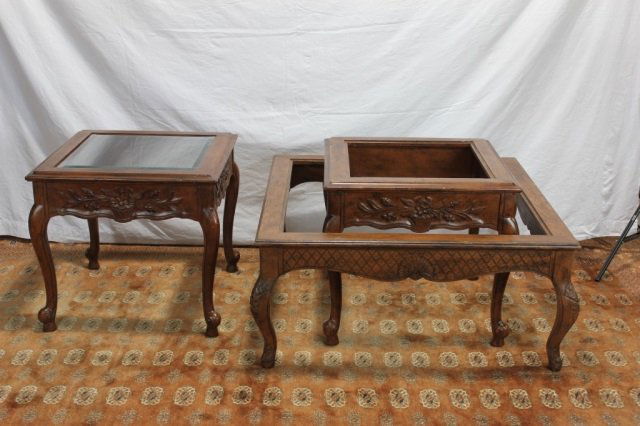 Hand Carved Two Oak End Tables And One Coffee Table: Height 23 Inches Width 24 Inches Length 27 Inches Coffee Table Height 18 Inches Width 40 Inches Length 40 Inches With Out Glass