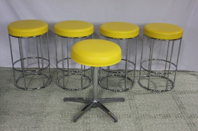 Five Cosco Mid-Century Modern Yellow Vinyl Stools: Four- Diameter 15 Inches Height 25 Inches One- Diameter 16 Inches, Swivel Height 24 Inches