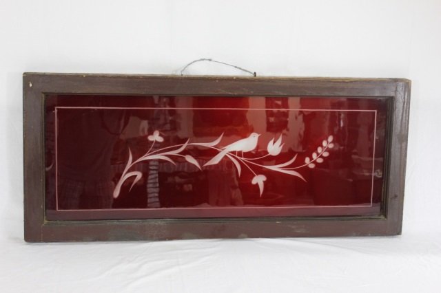 Stained Glass Window Transom: Height 18 Inches Length 42 Inches Ruby Background with Clear Bird on Olive Branch