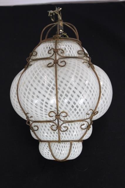 White Blown Venetian Murano Glass Light Fixture Lantern: Height 14 Inches Diameter 9 Inches White Blown Glass, Gilt Metal Fittings