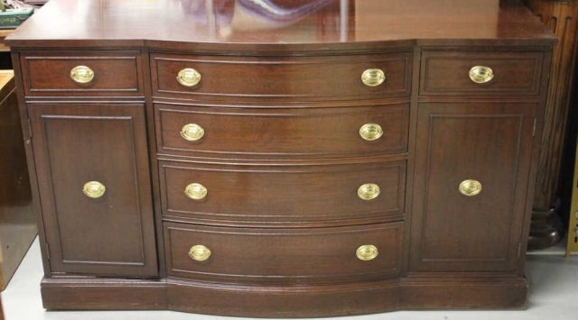 Federal Style Bow Front Server with Doors and Drawers: Height 36 Inches Width 60 Inches Depth 21 Inches. Mahogany Sheraton / Federal style bow front console, dining sideboard, buffet, cabinet.