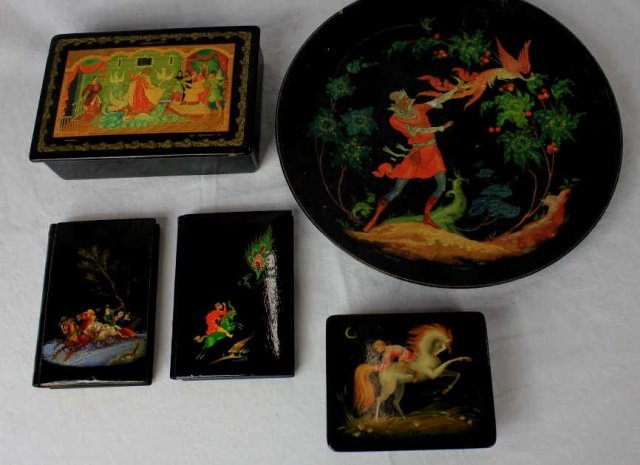 Five Russian Papier Mache Articles: Two Boxes Height 2 Inches Length 6 Inches Width 4 Inches Two Books One Plate Diameter 9.5 Inches