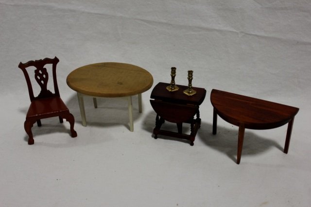 Tynietoy Dollhouse Tables, Chair & Candlesticks: Tynietoy dollhouse butterfly table, demi lune table, kitchen table, Chippendale chair, and candlesticks.
