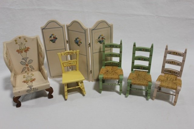 Tynietoy Dollhouse Collection of Chairs & Screen: Three caned chairs, one yellow rocker, arm chair, & screen.