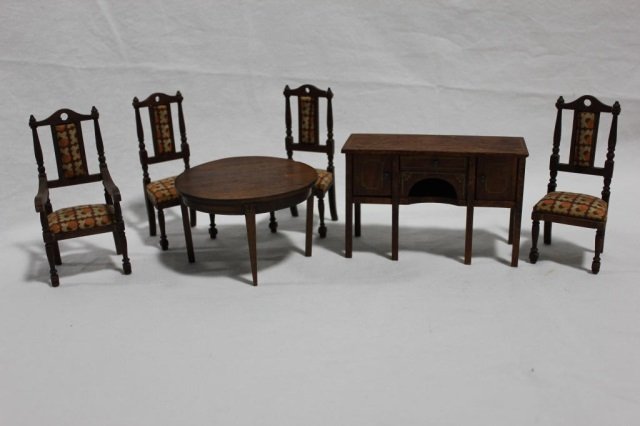 Tynietoy Dollhouse Dining Room Set: Tynietoy sheraton table, tynietoy buffet, four German red stain chairs.