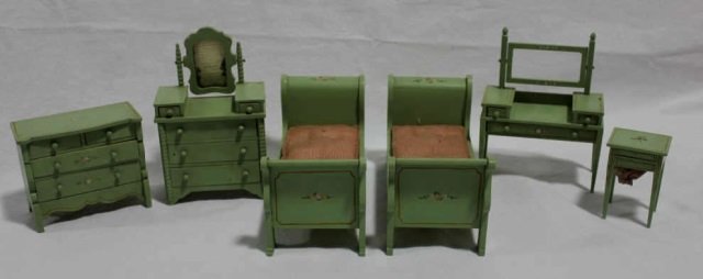 Tynietoy Dollhouse Green Sleigh Bed Bedroom Set: Pair of sligh beds with original mattresses, spindle dresser, bureau, sewing table with original bag, & vanity (missing mirror)