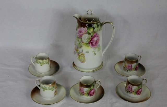 Nippon Chocolate Pot w/ Five Cups & Saucers: Hand Painted Chocolate Pot, Five Cups, & Six Saucers. Pot Height 9 Inches Cups Height 3 Inches Plates 5 Inches Diameter