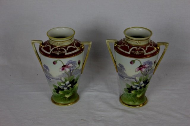 Pair Nippon Mantle Urn Vases: Height 8 inches.
