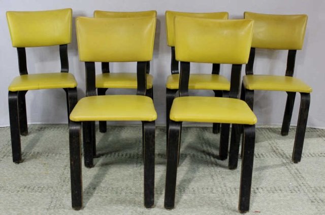 Six Gebruder Thonet Dining Chairs in Mustard Vinyl: Height 33 Inches Width 17 Inches Depth 17 Inches