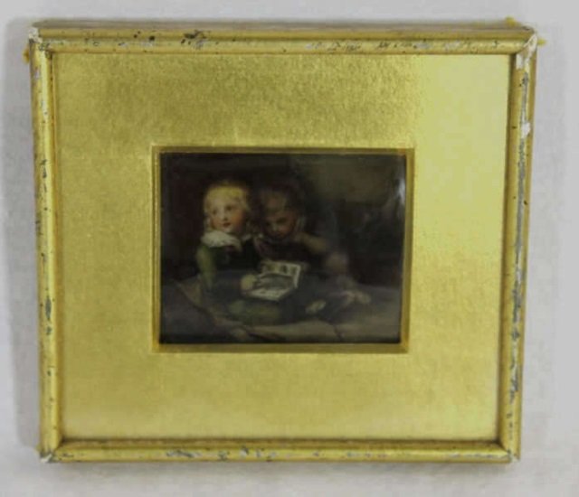 Portrait Miniature Reverse Painting on Glass: Measuring 5 by 5.5 inches. Two small children reading book. Early American style.