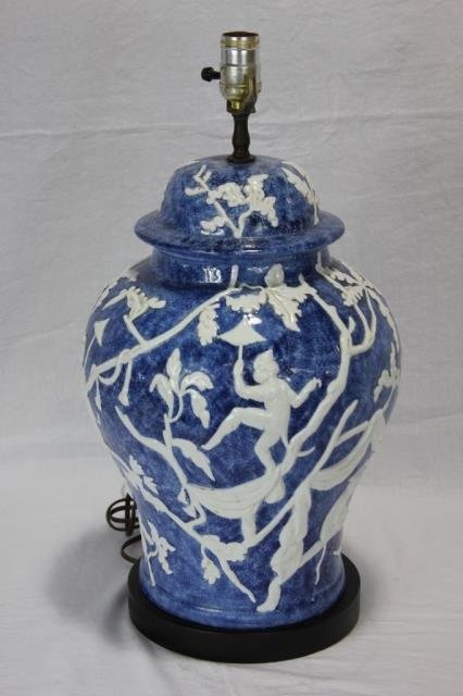 Blue & White Chinese Ginger Jar Lamp: Height 17 Inches Diameter 12 Inches