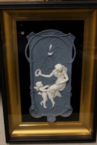 Art Nouveau Volkstedt Jasperware Bisque Plaque: 15.5 inches in height. 10 inches in width.