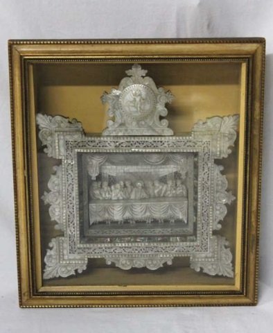 Framed Shadow Box Mother of Pearl Last Supper: Measuring 13 by 15 inches.