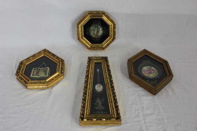 Four French Rococo Style Plaques in Shadow Boxes: Largest being 14 by 6 inches.