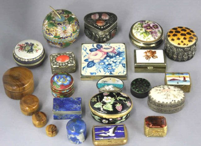 Group of Boxes: Tiffany & Co, Lapis, Silver, Battersea: Group of 19 Decorative boxes including Tiffany Lapis, Cloisenne, and Silver