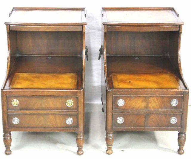 Pair Step Back Leather Top Commode Tables: With Mirrored Trays. Height 27 inches. Width 26 inches. Depth 18 inches.