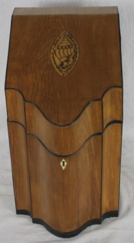 Antique Georgian Shell Inlaid Slant Top Knife Box: Height 16 inches. Width 9 inches. Depth 12 inches.