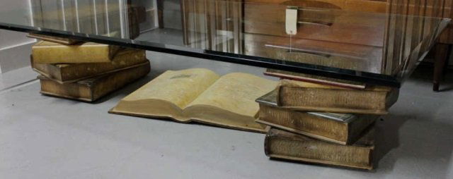 Stark Designer Handmade Library Book Coffee Table: Height 15 inches. Width 72 inches. Depth 36 inches. Beveled glass top with hand painted old world style books as table supports.