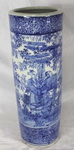 Chinese Porcelain Blue & White Umbrella Stand: Height 24 inches. Diameter 8.5 inches.