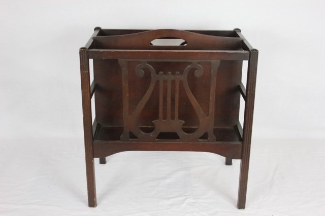 Mahogany Canterbury Magazine Stand: Height 18 inches, width 17 inches, depth 11 inches.