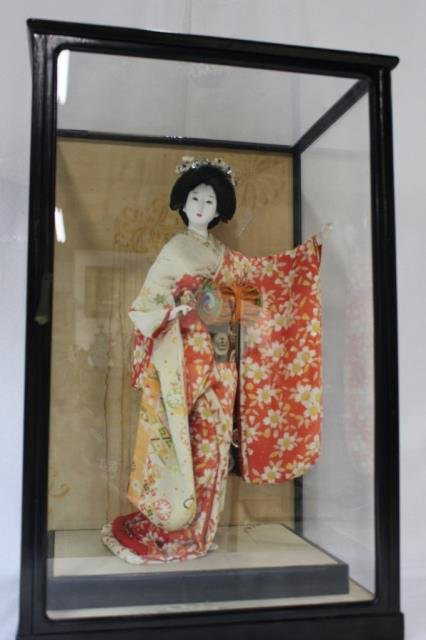Japanese Geisha Doll in Glass Enclosed Display Box