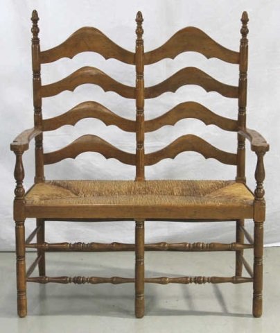 Country French Provincial Double Chairback Settee: Ladderback & rushseat. Height 45 inches. Width 38 inches. Depth 17 inches.
