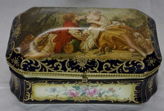 Porcelain Rococo Style French Box - Francois Boucher: Based on Francois Boucher painting. Height 5 inches. Width 10.5 inches. Depth 6.5 inches.