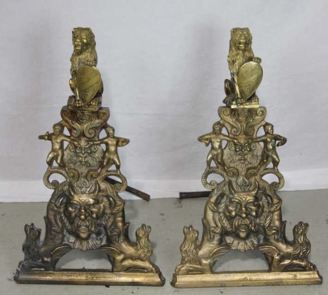 Large Bronze Lion Headed Andirons: Height 24 Inches