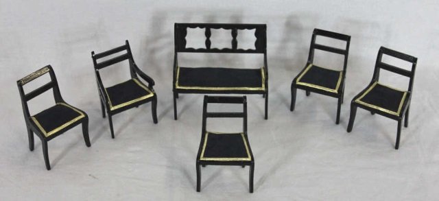 Antique German Dollhouse Parlor Suite: Settee, arm chair, and four side chairs. Settee is 4.5 inches in length and 4 inches in height.