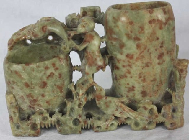 Carved Chinese Soapstone Vase w/ Monkey: Height 5 inches. Width 7 inches.