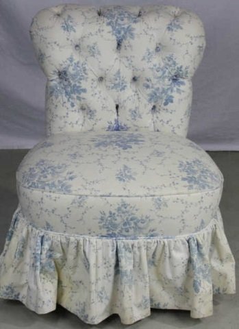 Tufted Upholostry Slipper Chair w/ Mahogany Legs: Height 32 inches. Width 25 inches. Depth 22 inches.