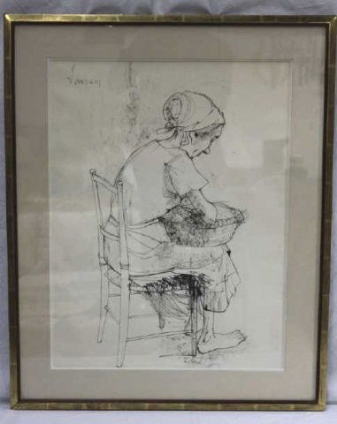 Ink on Paper Woman in Chair by Jean Jansem: Jean Jansem March 1920-August 2013 French Height 24 Inches Width 19 inches Signed Upper Left
