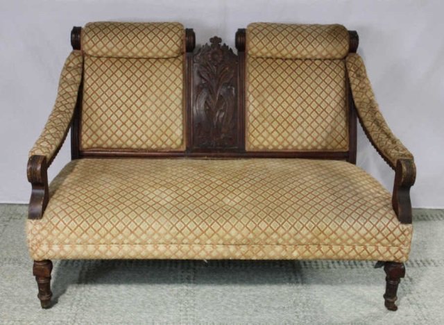 Victorian Aestetic Movement Settee Sofa: Height 36 inches. Width 56 inches.