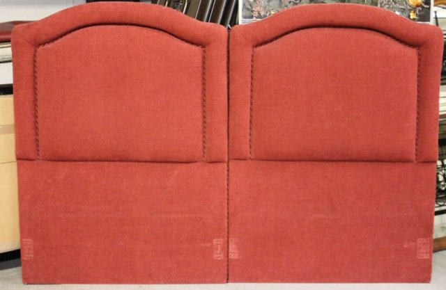 Pair of Upholstered Red Fabric Twin Bed Headboards: Height 54 inches. Width 40 inches.