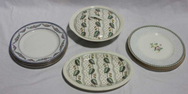 Ringwood Ware Wood & Sons Mintons Booths England: Tureen and serving tray Ringwood Ware Wood & Sons England Hedgrow. Three plates by Mintons. Four Plates by Booths England. Ringwood tray is 12 inches in length. Sauce boat by Ringwood included, not pi