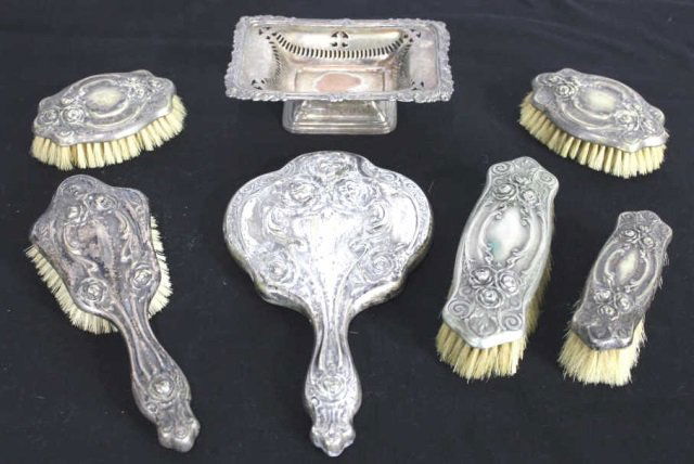 Antique Silver Vanity Set - Brushes Combs & Mirror: Hand Mirror 11 Inches Largest Brush 10 Inches