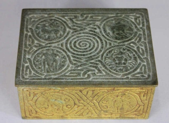 Tiffany Studios New York Bronze Zodiac Box: Length 5 inches.