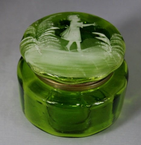Green Mary Gregory Enamel Painted Glass Box: Diameter 3.5 inches.