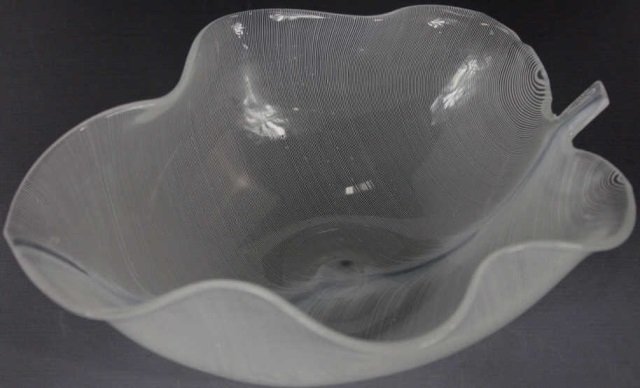 Italian Art Glass Bowl Tyra Lundgren for Venini SIGNED: 9 by 7 inches. Leaf form, ribbon glass. Acid stamped on the underside, VENINI MURANO ITALIA.
