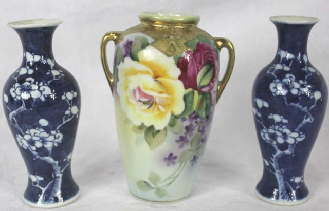 Nippon Vase w/ Pair Blue & White Vases: Nippon vase has 6 inch height.