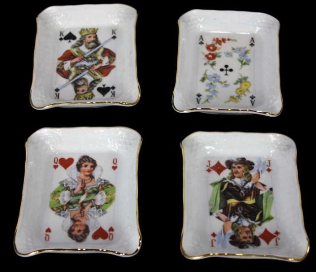Schumann Bavarian Dresden Porcelain Card Trays: Decorated with playing card scenes. 4.5 by 3.5 inches.