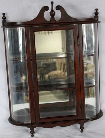 Vintage Sheraton Style Hanging Wall Shelf Curio: Height 26 inches. Width 20 inches. Depth 6 inches.
