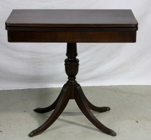 Mahogany Flip Top Sheraton Style Card Dining Table: Height 30 Inches Lenght 32.5 Inches Width 16 Inches Open Width 32 Inches