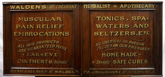 English Apothecary Pharmacy Advertising Cabinet: Height 22 inches Width 48 inches Depth 12 inches