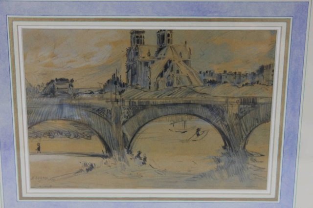 Pastel - Pont Neuf - Signed E. Shinn 1900: Measures 7 by 10 inches. Signed E. Shinn, likely for Everett Shinn.