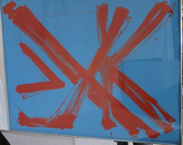 Mid Century Modern Abstract Expressionist Print: By Mark di Suvero. Framed 52 by 39 inches.