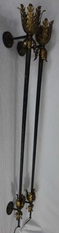 Pair Neo Classical Palace Size Torchiere Sconces: Black w/ gold leaf and acanthus leaf design. Height 72 Inches Depth from wall 10 Inches
