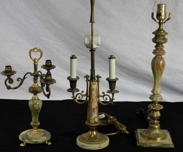 Group of Onyx & Ormolu Candelabras & Lamps: Heights for the three are 14, 20, and 23 inches.