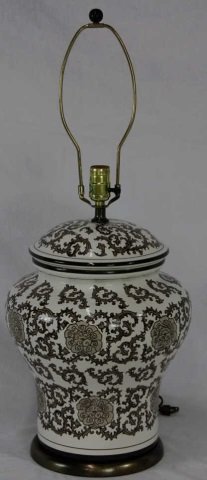 Chinese Porcelain Brown & White Ginger Jar Lamp: Height to finial 29 inches.