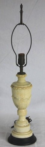 Neo Classical Alabaster Acanthus Leaf Carved Lamp: Height to finial 28 inches.